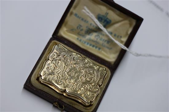 A mid 19th century unmarked gold (tests as 15ct) vinaigrette, in fitted box, 21.1 grams.